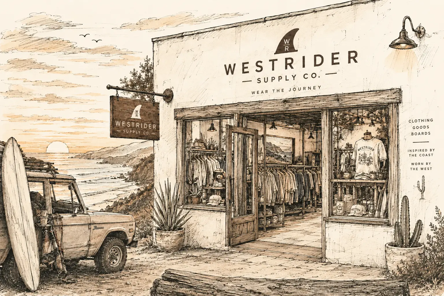 Westrider Supply Co. coastal storefront illustration