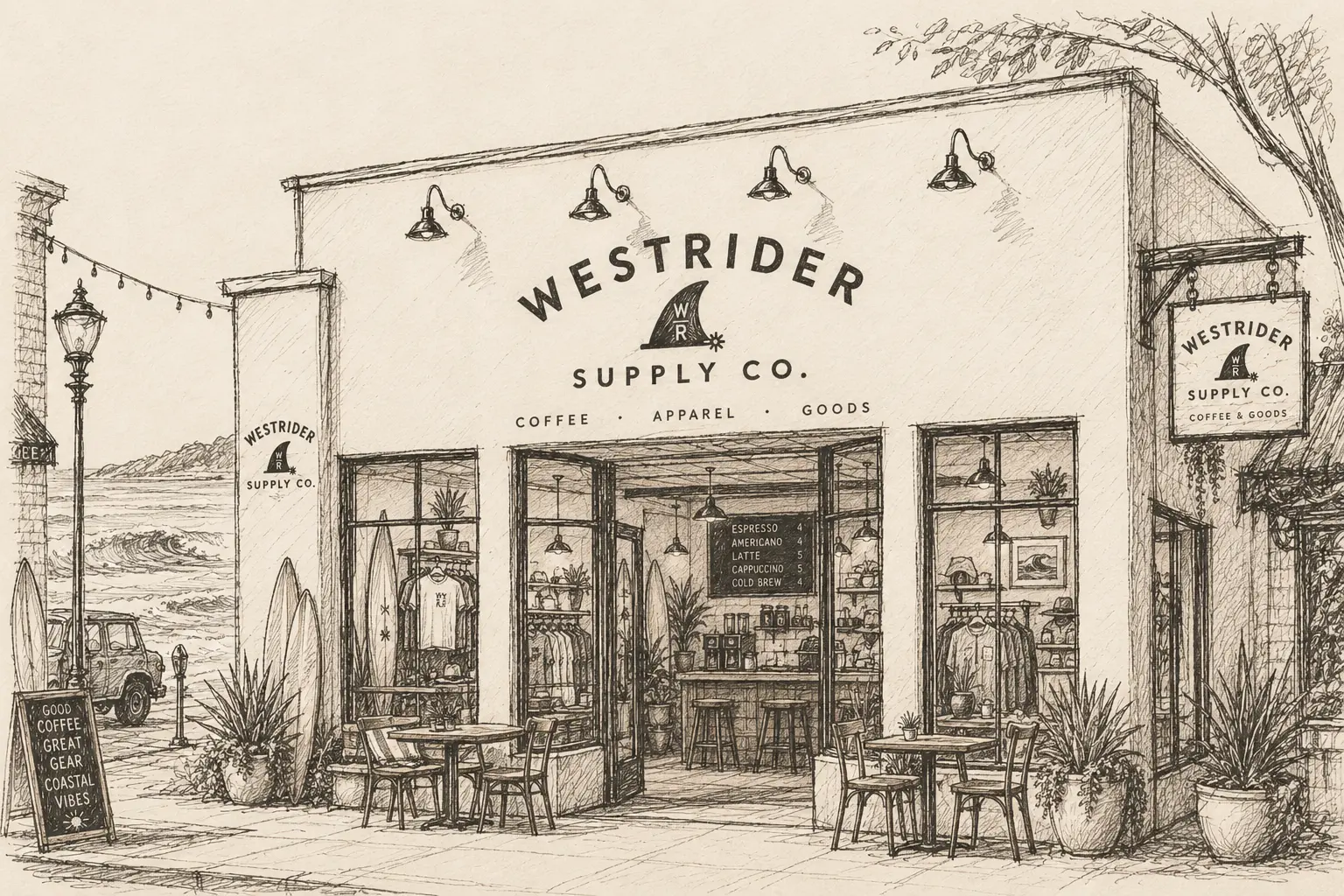 Westrider seen from behind in the high desert, one hand holding his hat out at his side and a pale twin-fin surfboard under the other arm, the WESTRIDER SUPPLY CO. agave print across the back of an olive shirt