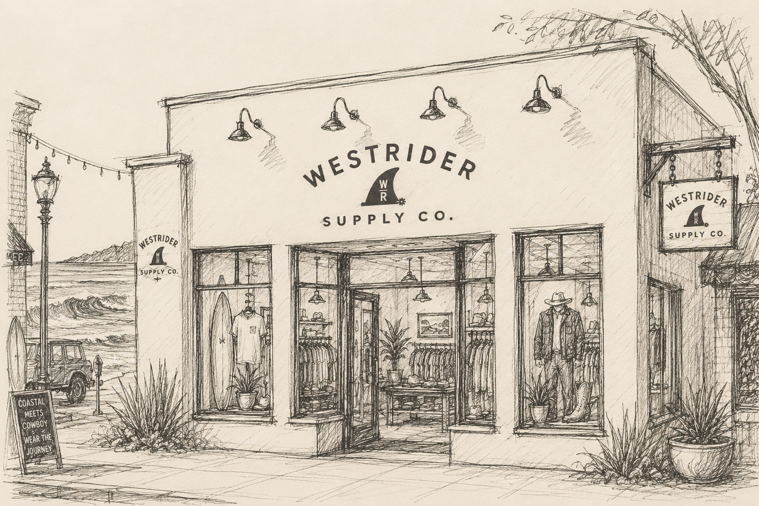 Illustrated Westrider Supply Co. storefront on a coastal street with surfboards and western goods in the windows